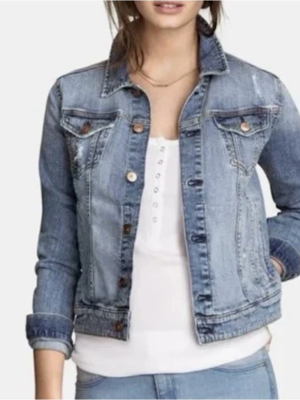 Vintage H&M Women's L.O.G.G. Blue Denim Jean fitted Jacket Size 6 Button Up